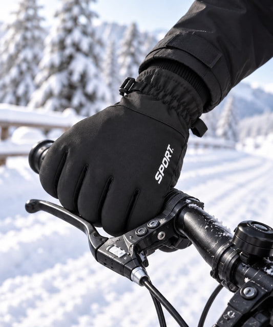 Schwarzer Winterhandschuh umfasst den Lenker eines Fahrrads auf einem verschneiten Weg, im Hintergrund verschneite Tannen.