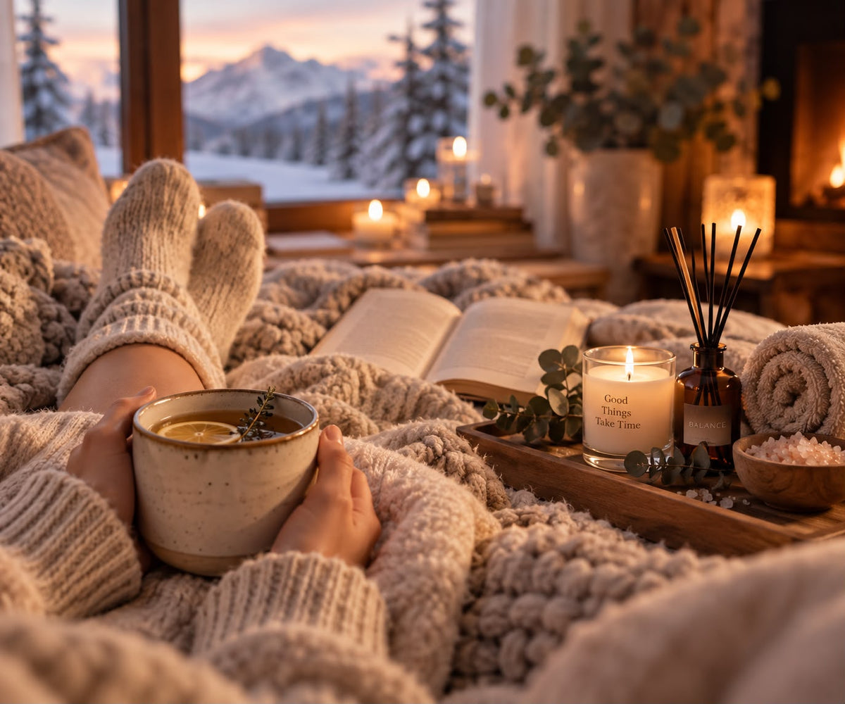 Person in dicken Wollsocken liegt unter einer Strickdecke und hält eine Tasse Tee, daneben Kerzen, ein Buch und der Blick auf verschneite Berge
