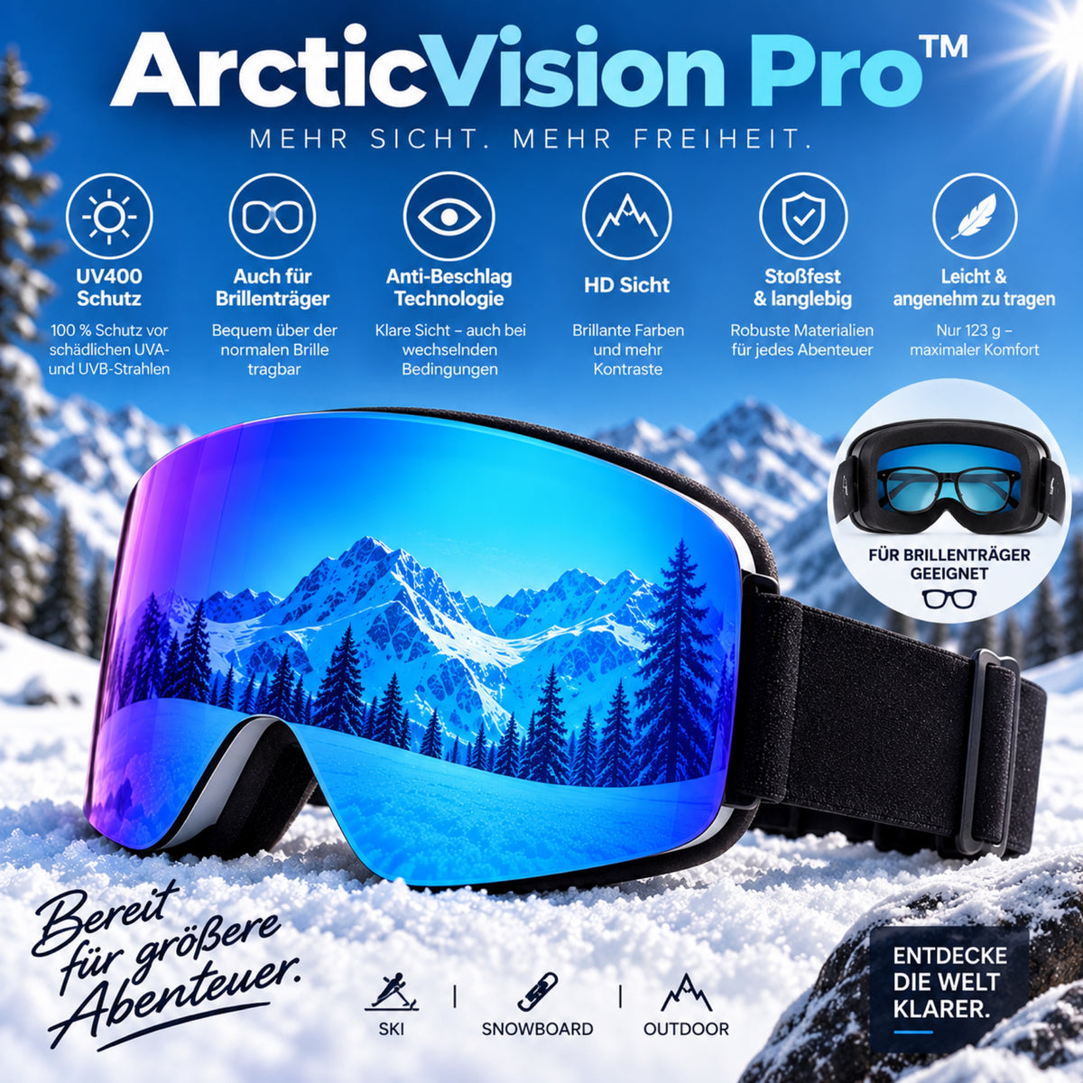 Infografik zur ArcticVision Pro Skibrille mit blau verspiegelter Scheibe im Schnee, daneben die Eigenschaften UV400-Schutz, geeignet für Brillenträger, Anti-Beschlag, klare Sicht, stoßfest und leichtes Gewicht