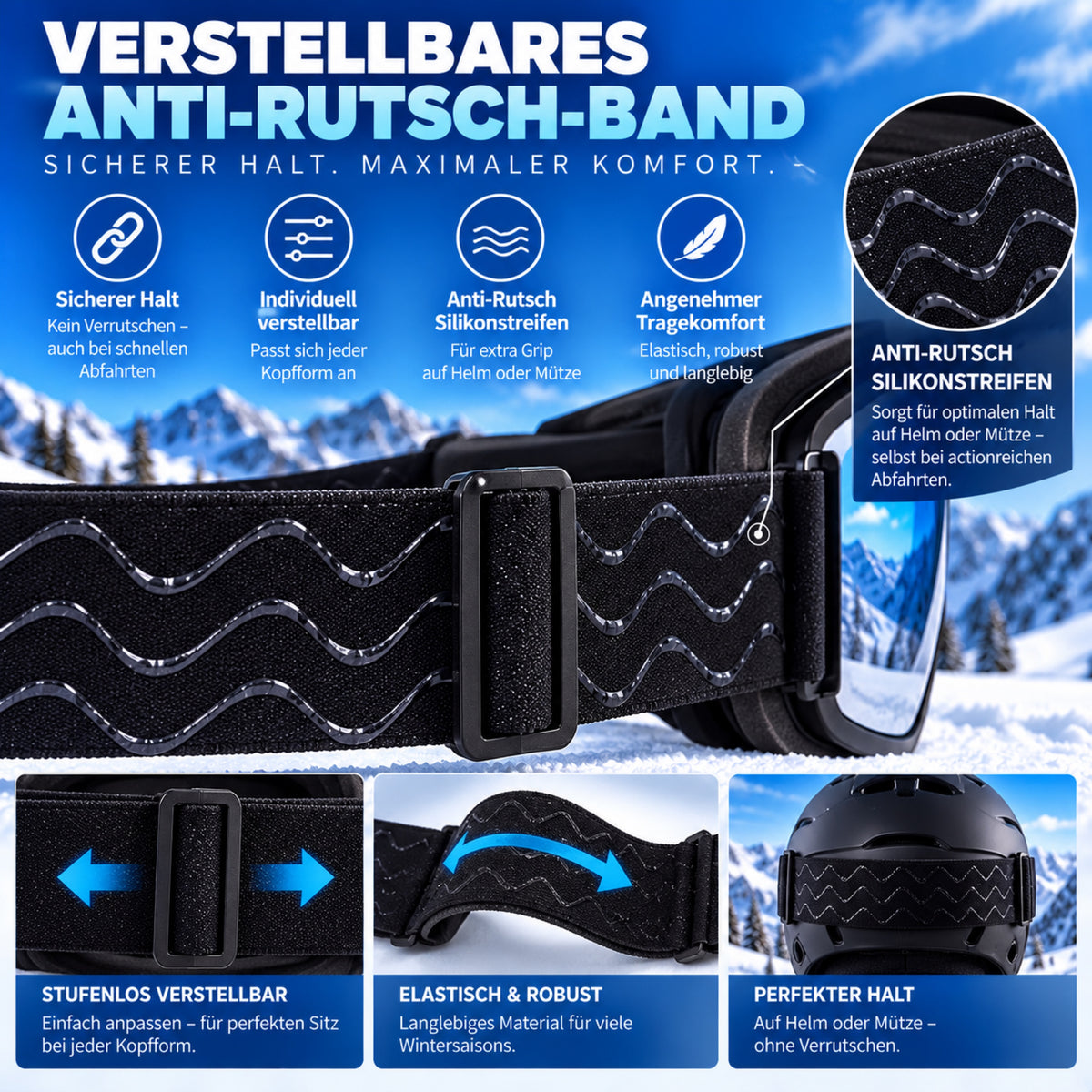 Detailaufnahmen des verstellbaren Brillenbands mit Anti-Rutsch-Silikonstreifen, der Schnalle zum Verstellen und dem Sitz auf einem Skihelm