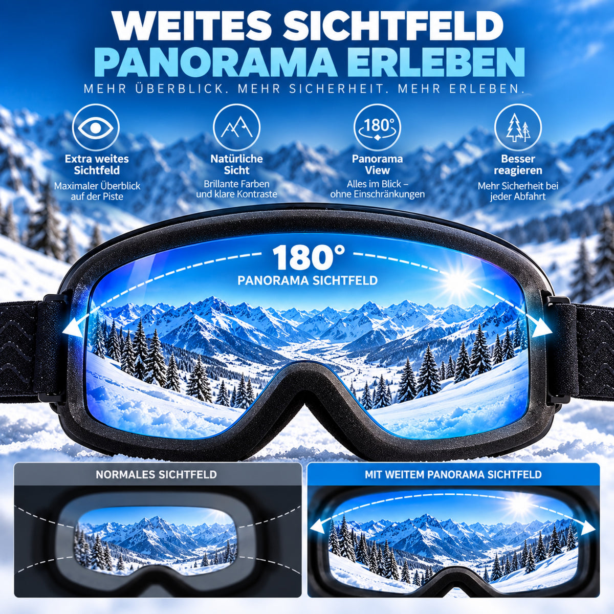 Infografik zum Sichtfeld: Vergleich zwischen einem normalen Sichtfeld und dem weiten 180-Grad-Panoramasichtfeld der Skibrille