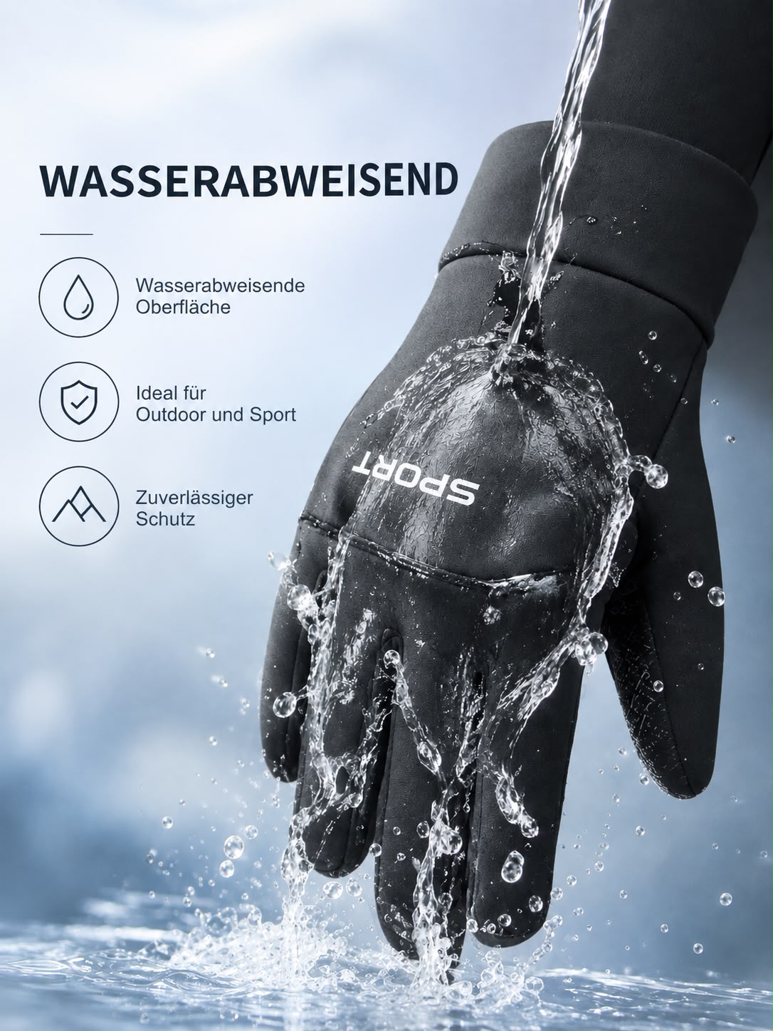 Schwarzer Handschuh, über den ein Wasserstrahl läuft und abperlt, dazu die Hinweise wasserabweisende Oberfläche, ideal für Outdoor und Sport sowie zuverlässiger Schutz