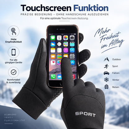 Infografik Touchscreen-Funktion: zwei behandschuhte Hände bedienen ein Smartphone vor verschneiten Bergen, dazu die Hinweise hohe Empfindlichkeit, für alle gängigen Geräte und komfortabel sowie die Einsatzbereiche Outdoor, Sport, Fahren, Winter und Reisen