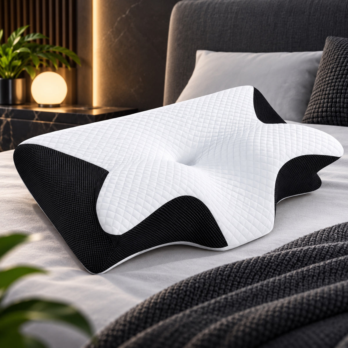 Konturkissen mit Memory-Schaum in Schmetterlingsform auf einem Bett, weißer Bezug mit schwarzen Netzeinsätzen an den seitlichen Aussparungen