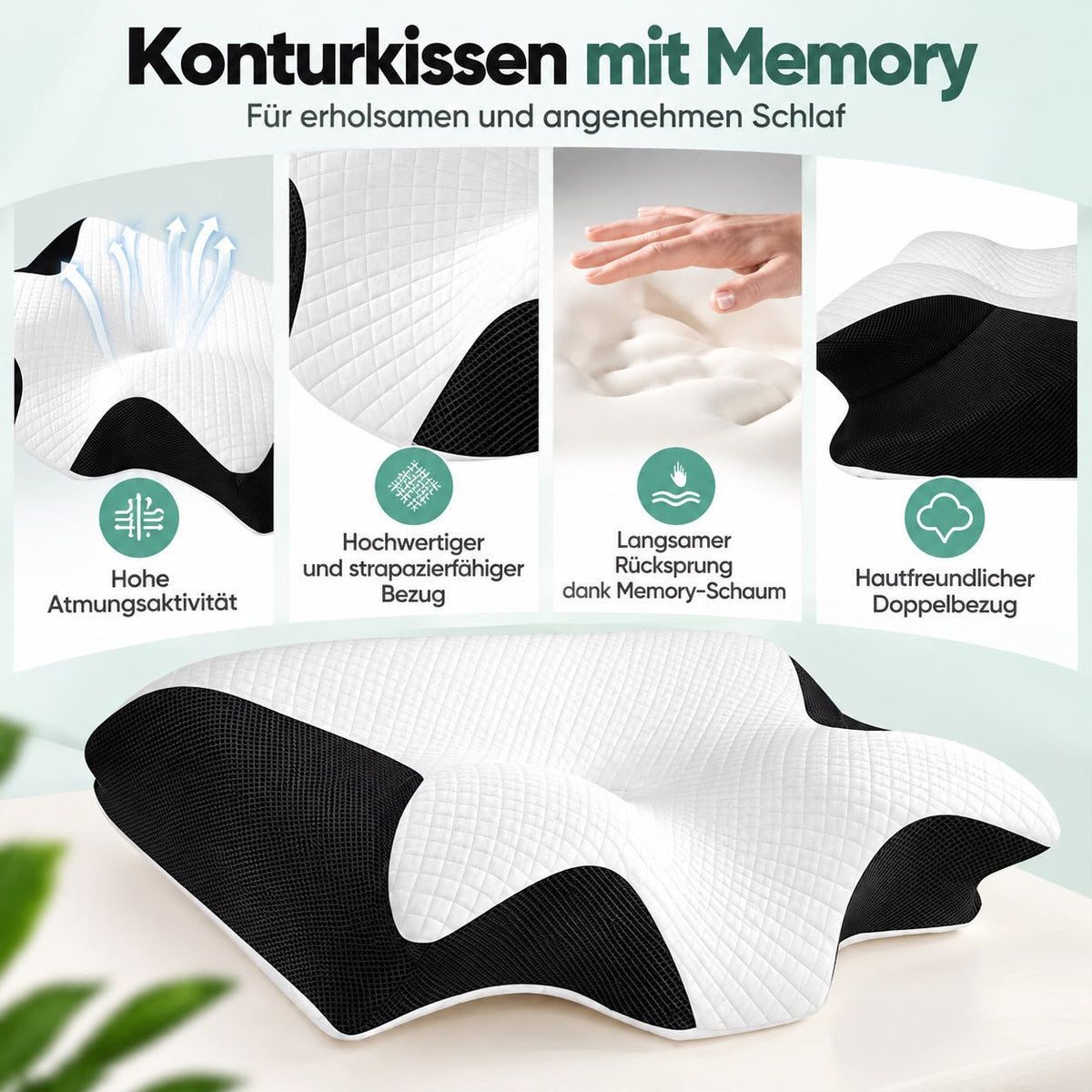 Infografik zum Konturkissen mit vier Detailbildern: Atmungsaktivität, strapazierfähiger Bezug, langsamer Rücksprung des Memory-Schaums und hautfreundlicher Doppelbezug, darunter das Kissen in Weiß mit schwarzen Netzeinsätzen