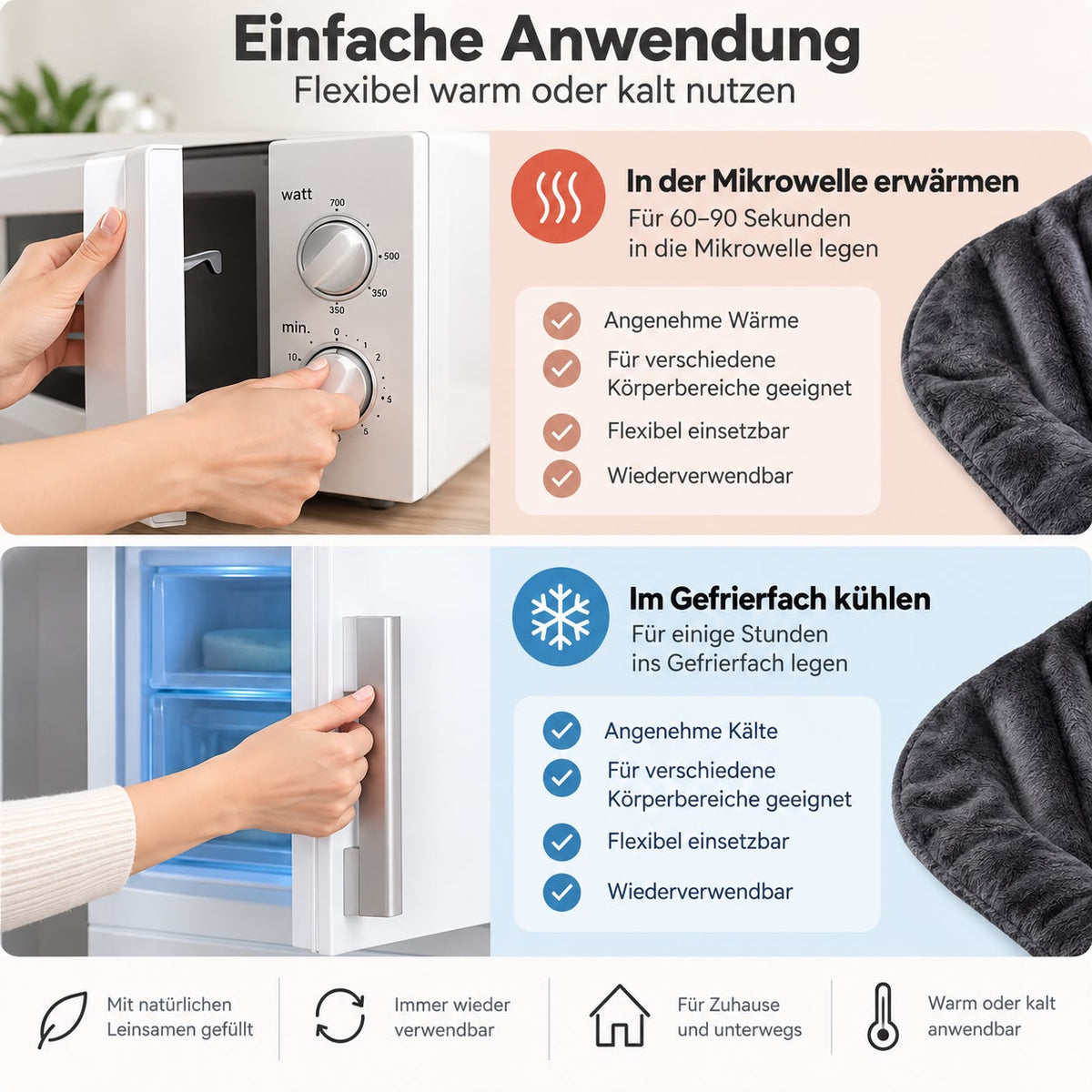Anwendung des Wärmekissens: 60 bis 90 Sekunden in der Mikrowelle erwärmen oder für einige Stunden ins Gefrierfach legen