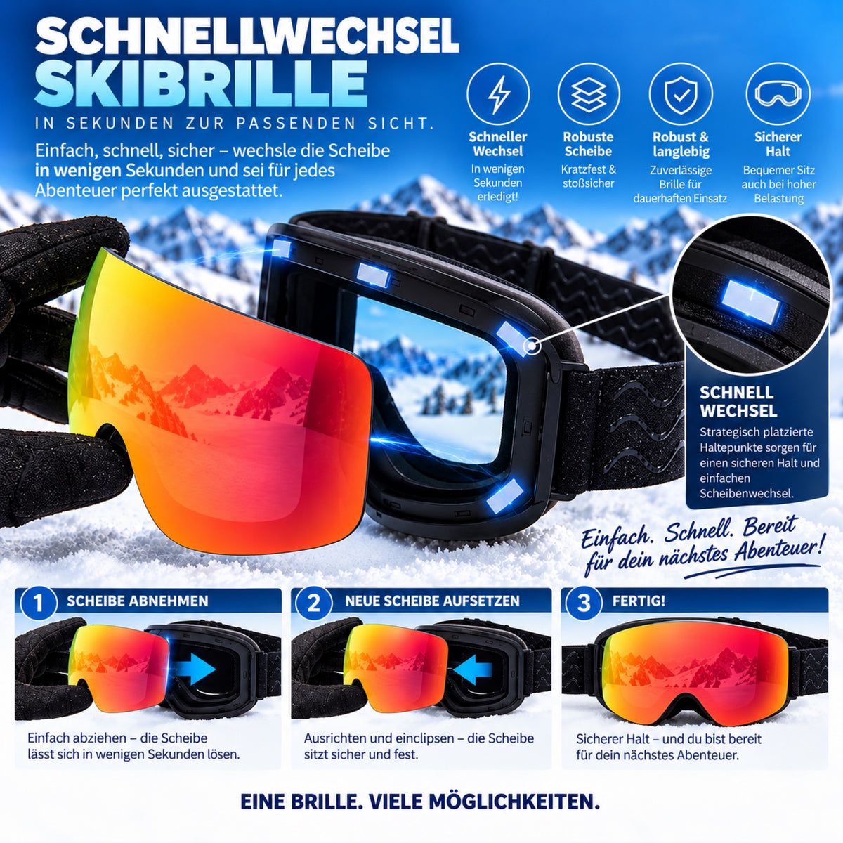 Infografik zum Scheibenwechsel in drei Schritten: Scheibe abnehmen, neue Scheibe aufsetzen, fertig. Wechselscheiben sind nicht im Lieferumfang enthalten