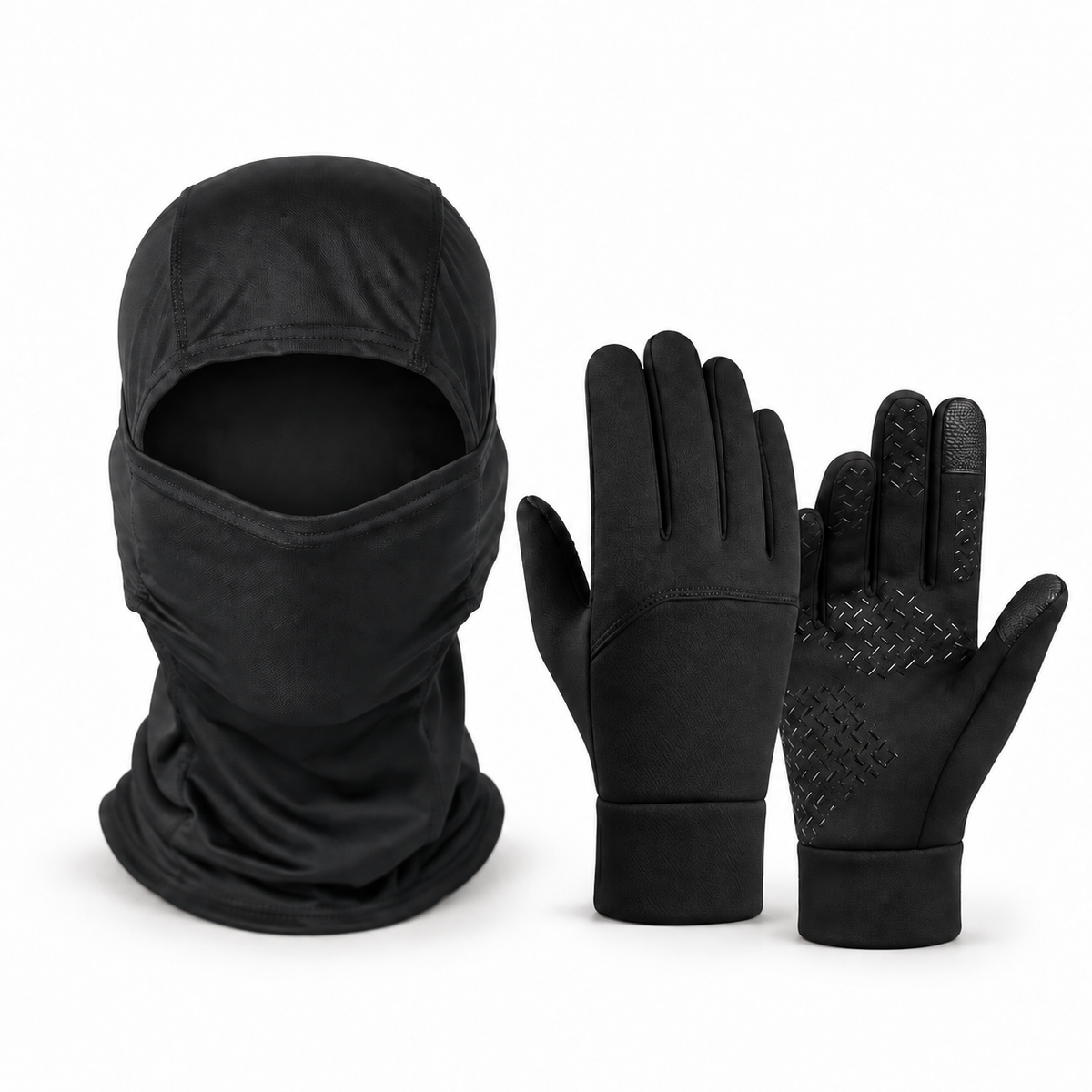 Schwarze Sturmhaube und schwarze Touchscreen-Handschuhe im Set