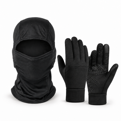 Schwarze Sturmhaube und schwarze Touchscreen-Handschuhe im Set