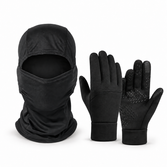 Schwarze Sturmhaube und schwarze Touchscreen-Handschuhe im Set
