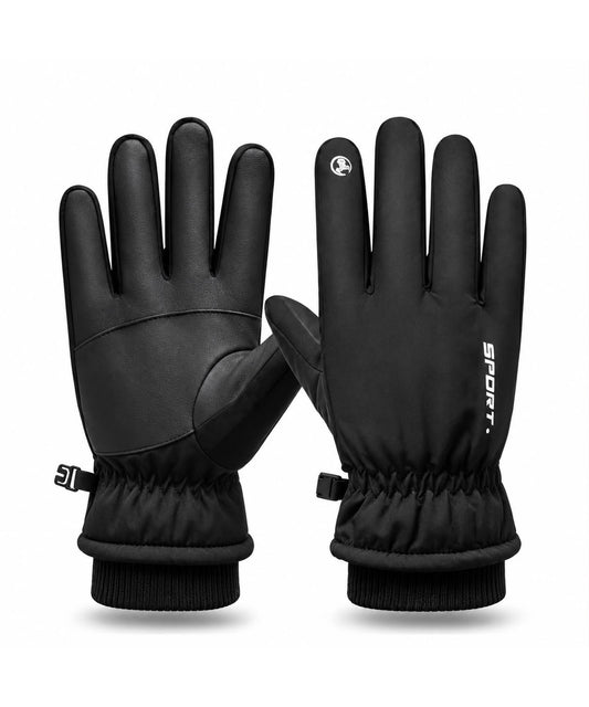 Schwarze Winterhandschuhe als Paar vor weißem Hintergrund. Links die Innenhand mit griffiger Handfläche, rechts der Handrücken mit Schriftzug SPORT, verlängertem Bündchen mit gestricktem Abschluss und verstellbarem Zugriemen.